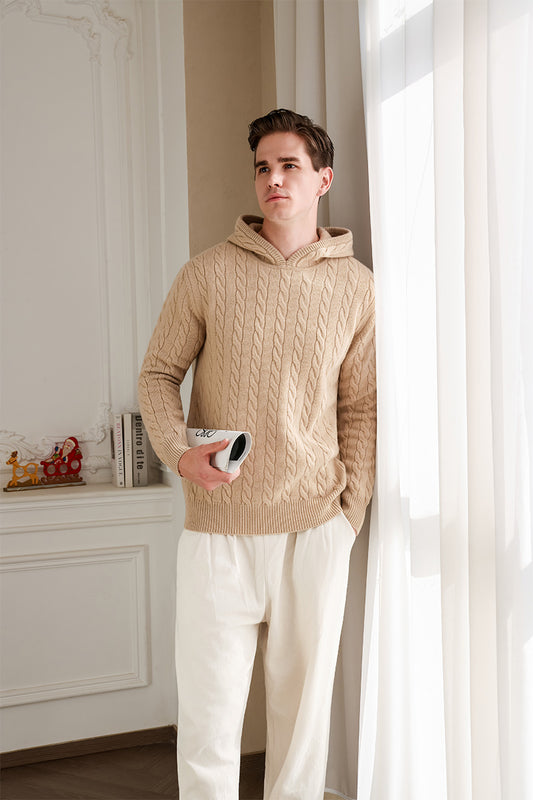 Mens Finn Cable Hoodie in Lambswool by Inis Aran Ireland Luxury Knitwear Brand#color_sandstone