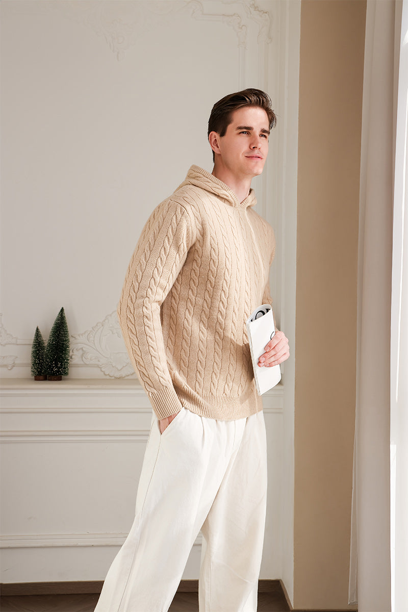 Mens Finn Cable Hoodie in Lambswool by Inis Aran Ireland Luxury Knitwear Brand#color_sandstone