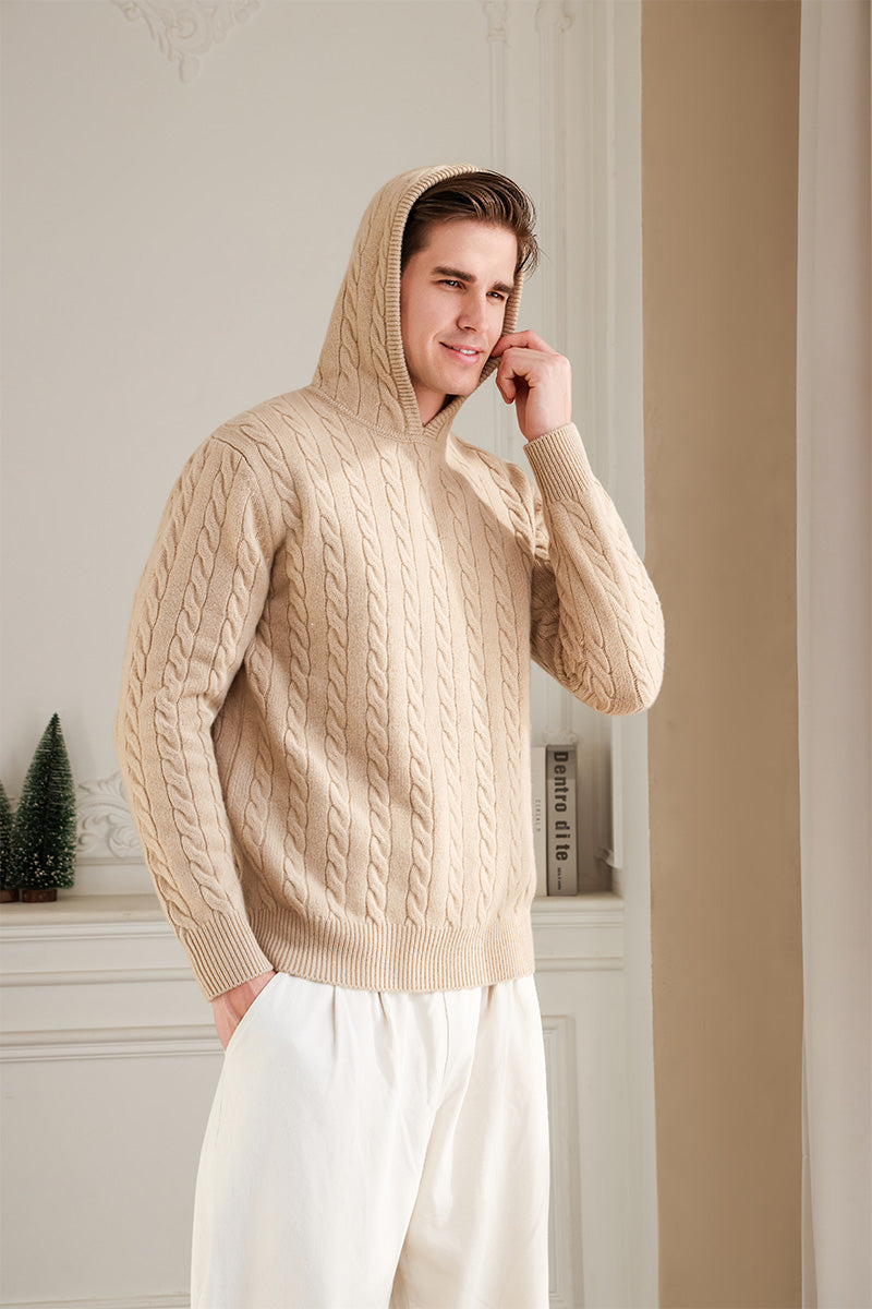 Mens Finn Cable Hoodie in Lambswool by Inis Aran Ireland Luxury Knitwear Brand#color_sandstone
