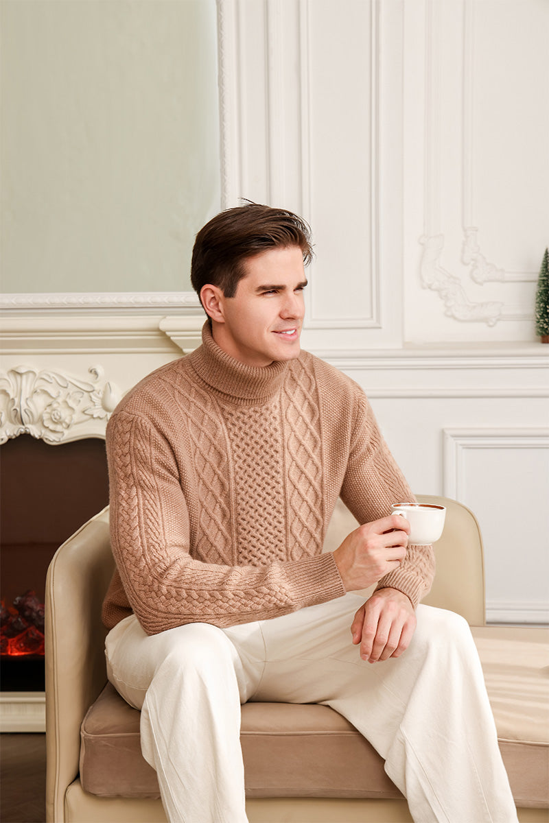 Mens Aran Cable Turtle Neck Sweater in Lambswool#color_cappuccino