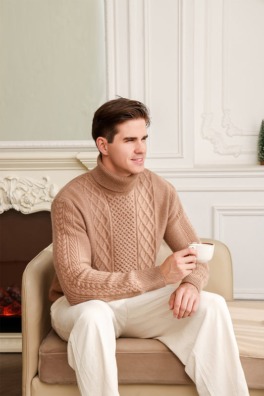 Mens Aran Cable Turtle Neck Sweater in Lambswool#color_cappuccino