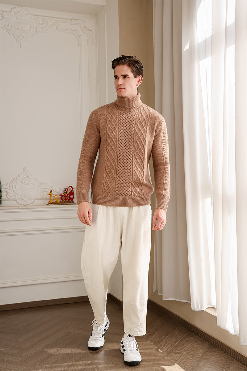 Mens Aran Cable Turtle Neck Sweater in Lambswool#color_cappuccino