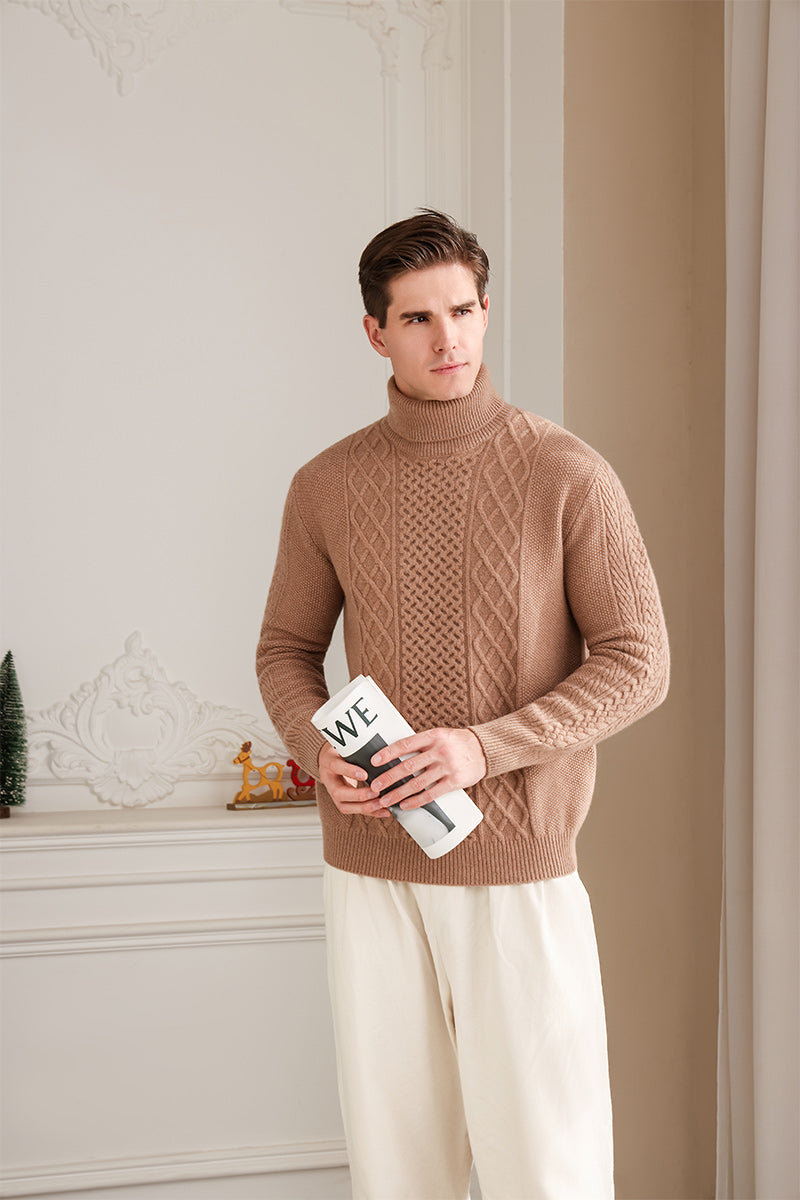 Mens Aran Cable Turtle Neck Sweater in Lambswool#color_cappuccino