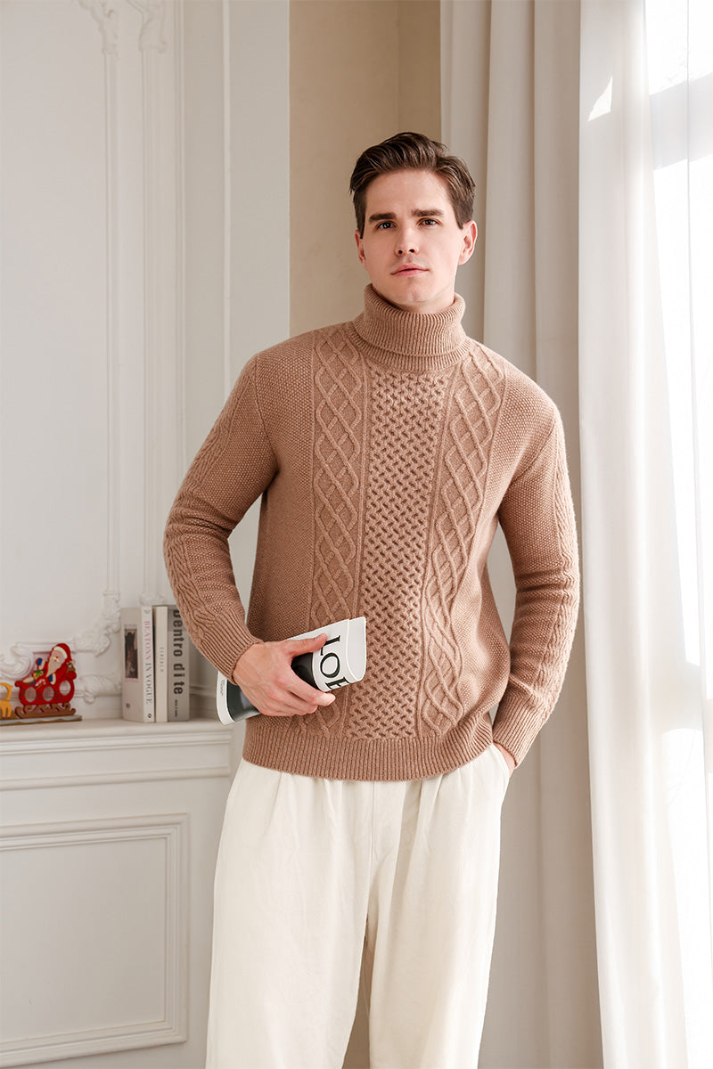 Mens Aran Cable Turtle Neck Sweater in Lambswool#color_cappuccino