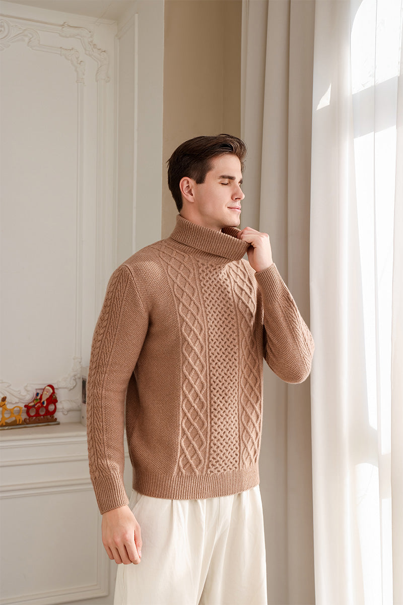 Mens Aran Cable Turtle Neck Sweater in Lambswool#color_cappuccino