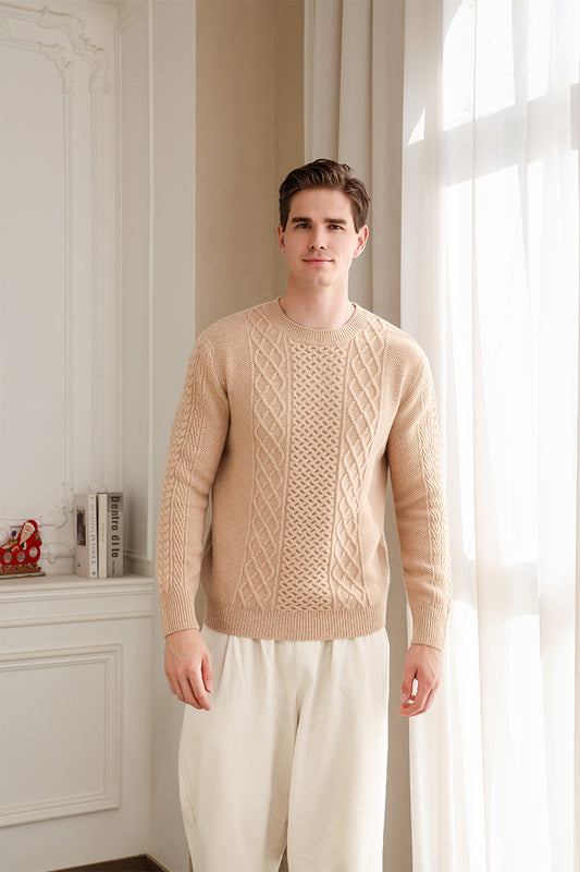 Mens Aran Knit Cable Sweater in Lambswool#color_sahara