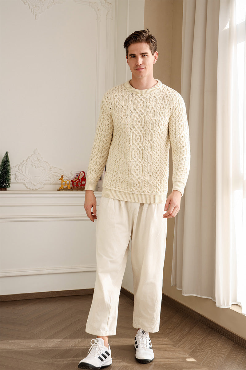 Mens Aran Knit Sweater Made in Ireland#color_natural