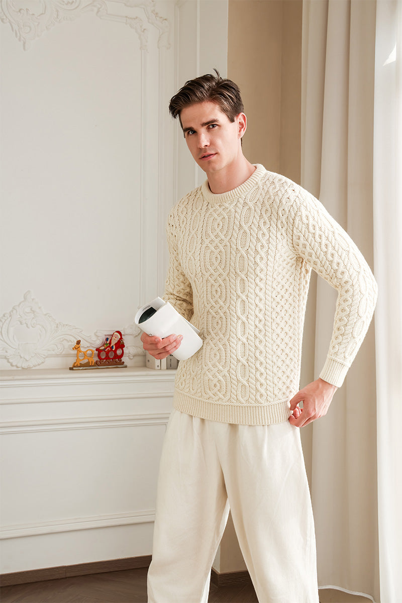 Mens Aran Knit Sweater Made in Ireland#color_natural