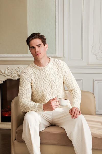 Mens Aran Knit Sweater Made in Ireland#color_natural