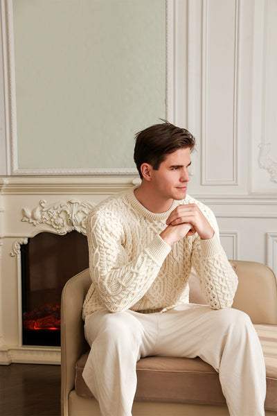 Mens Aran Knit Sweater Made in Ireland#color_natural