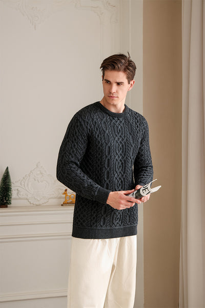 Mens Aran Knit Sweater Made in Ireland#color_charcoal