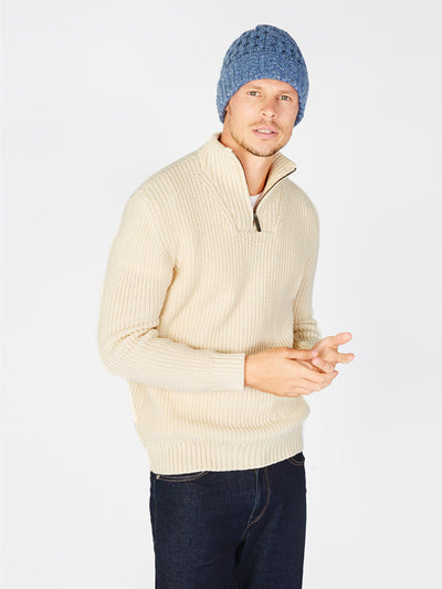 aran knit wool cashmere beanie#color_ocean$men