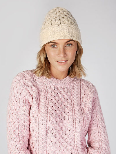 wool cashmere aran knit beanie#color_chalkstone$women