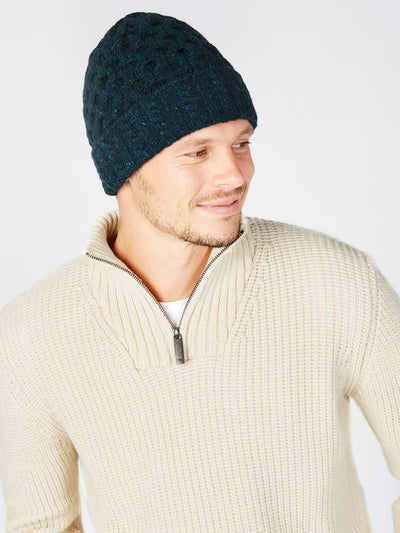 aran knit wool cashmere beanie#color_forest-glade$men