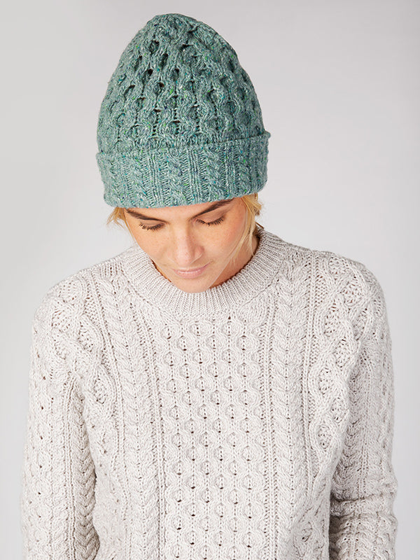 wool cashmere aran knit beanie#color_ocean-mist$women
