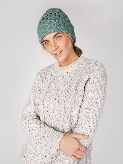 wool cashmere aran knit beanie#color_ocean-mist$women