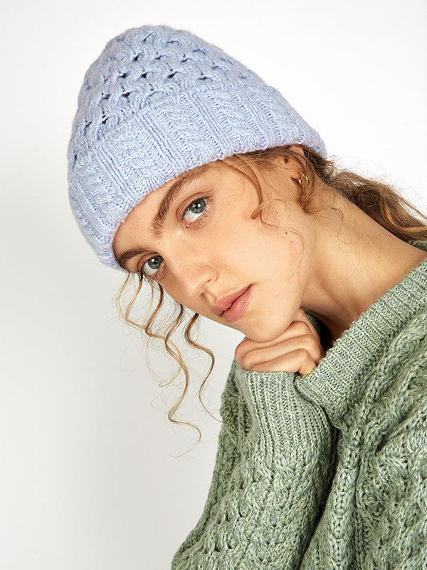 wool cashmere aran knit beanie#color_powder-blue$women