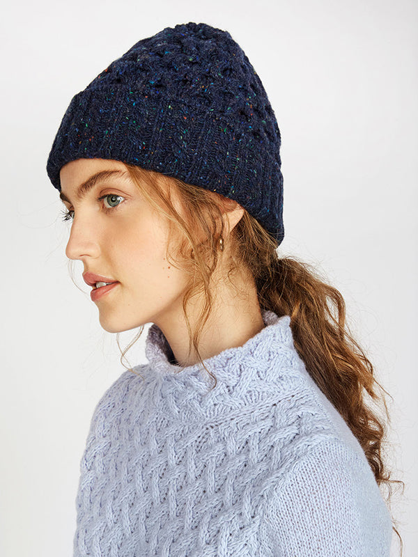 aran knit wool cashmere beanie#color_rich-navy$women