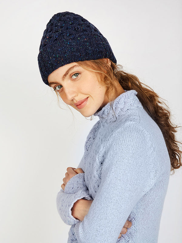 aran knit wool cashmere beanie#color_rich-navy$women