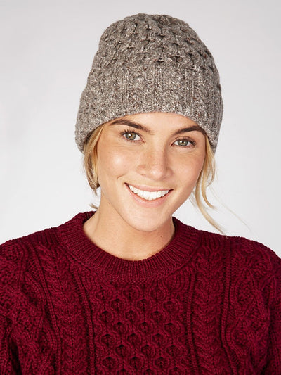 aran knit wool cashmere beanie#color_rocky-ground$women