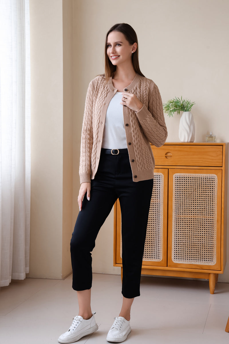 Astra Cable Knit Round Button Neck Cardigan with Cashmere#color_tan