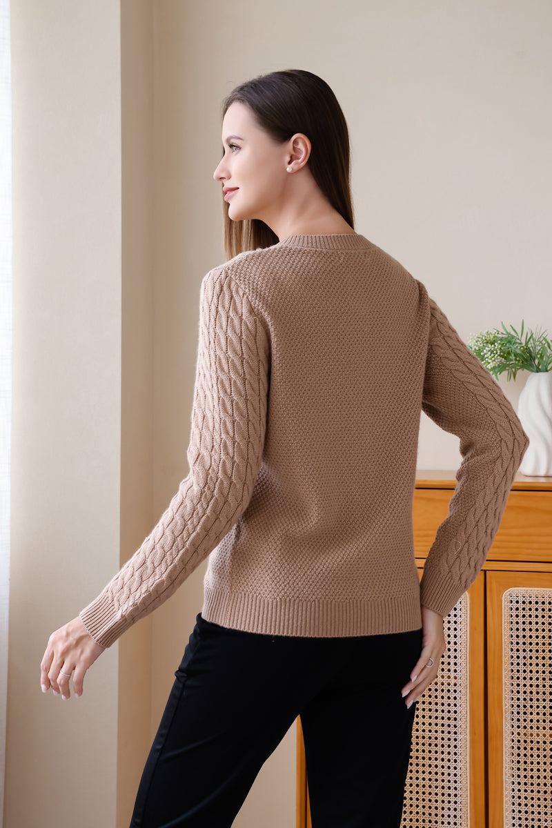 Astra Cable Knit Round Button Neck Cardigan with Cashmere#color_tan