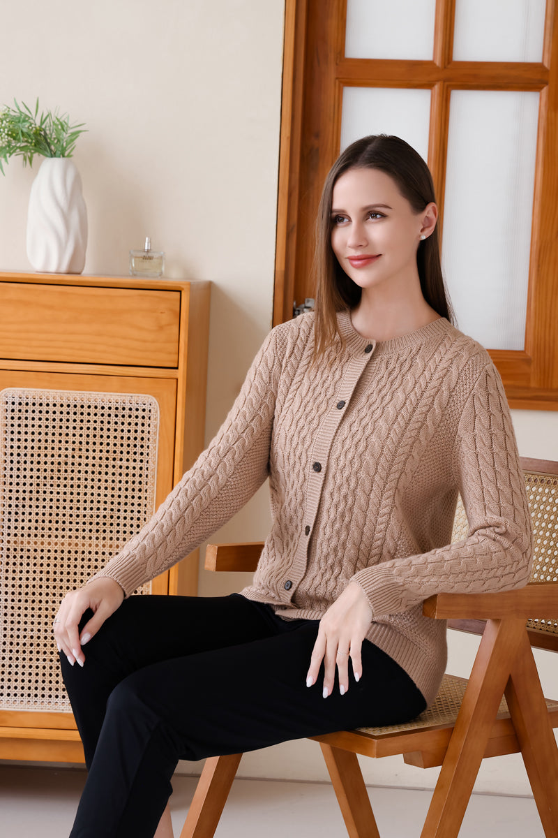 Astra Cable Knit Round Button Neck Cardigan with Cashmere#color_tan