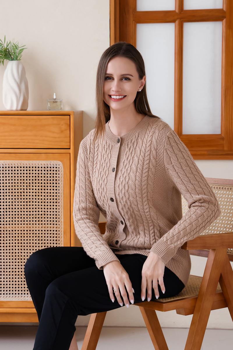 Astra Cable Knit Round Button Neck Cardigan with Cashmere#color_tan
