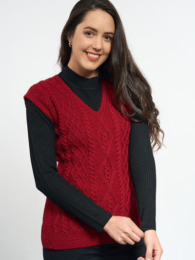 Aran KNit Sleeveless Sweater#color_red$women