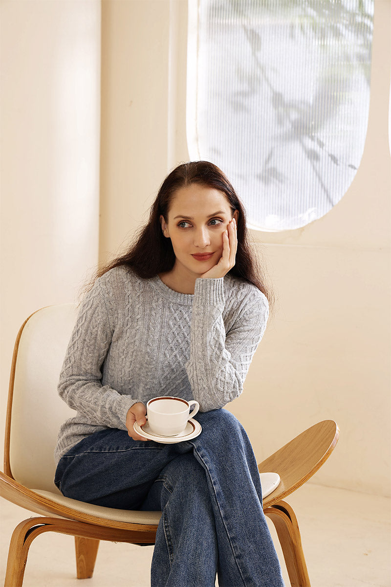 Ladies Luxury Aran Cable Knit Sweater by Inis Aran Ireland#color_mineral-grey