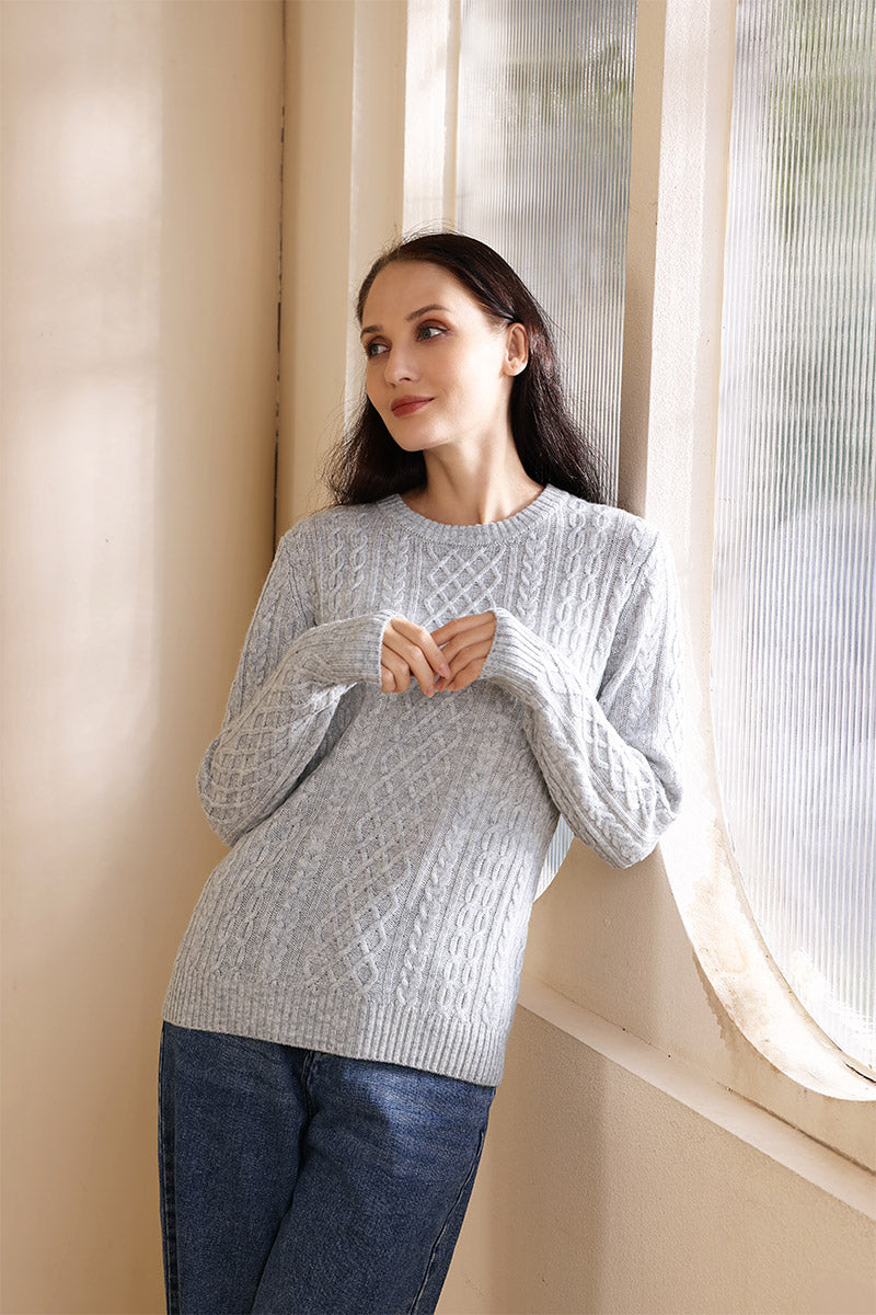 Ladies Luxury Aran Cable Knit Sweater by Inis Aran Ireland#color_mineral-grey