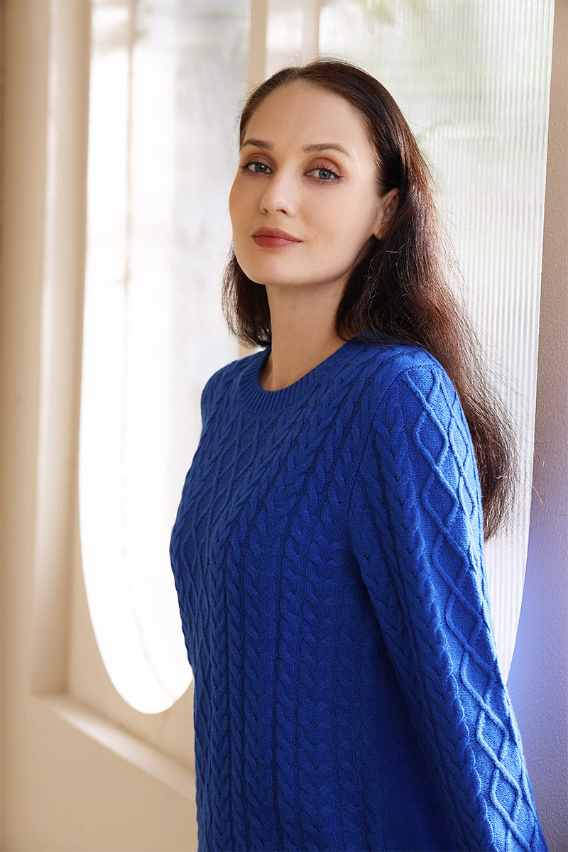 Luxurious Ladies Aran Cable Knit Sweater Made with Cashmere by Inis Aran Ireland#color_cyanine-blue