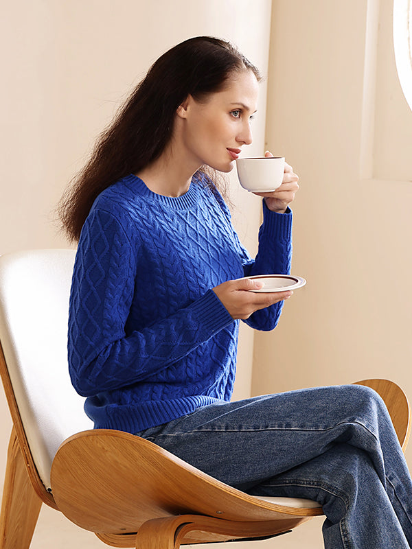 Aran Knit super fine merino and cashmere sweater#color_cyanine-blue