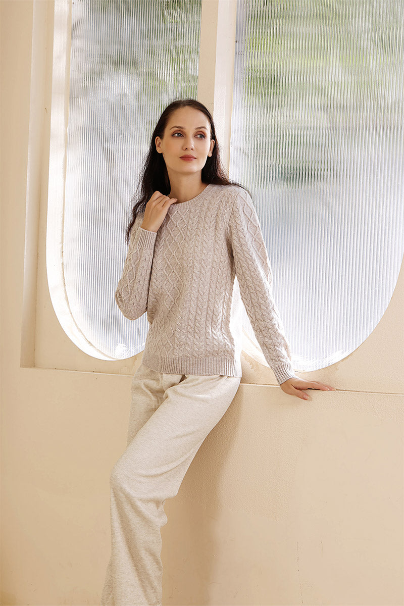 Luxurious Ladies Aran Cable Knit Sweater Made with Cashmere by Inis Aran Ireland#color_seoul-beige