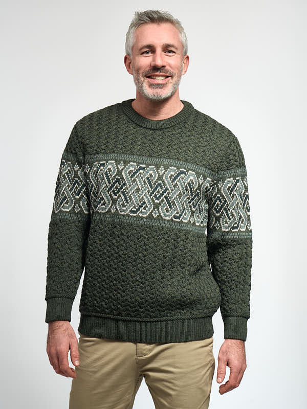 Celtic Aran Knit Sweater Made in Ireland#color_army-green$men