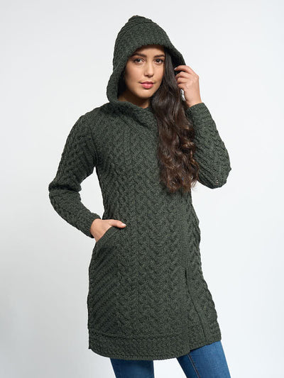 Aran Knit Irish Hoodie Coat#color_army-green$women