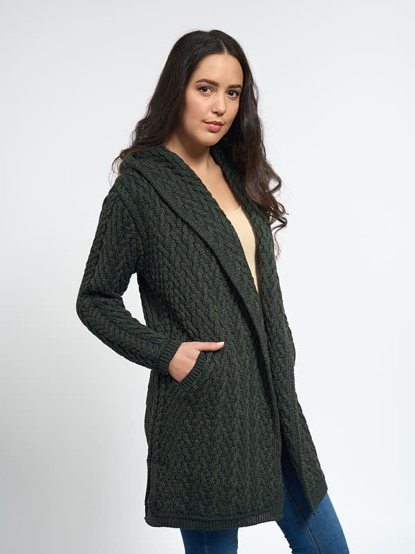 Irish Aran Knit Hoodie Coat#color_army-green$women
