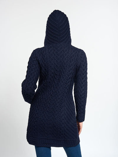Aran Knit Irish Hoodie Coat#color_navy$women