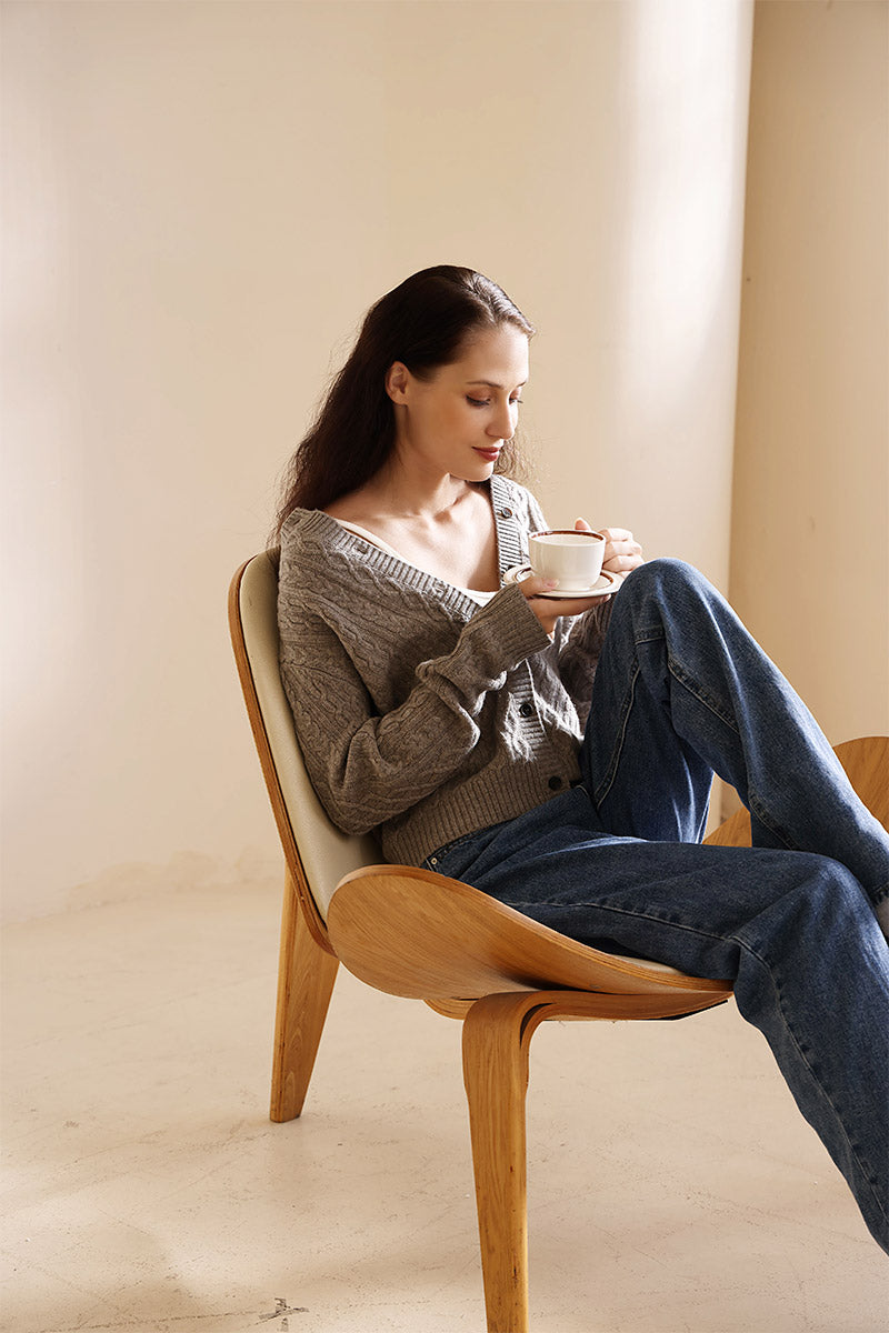 Ladies Luxury Aran Cable Button Cardigan Made with cashmere by Inis Aran Ireland's Luxury Knitwear Brand#color_rice-flower