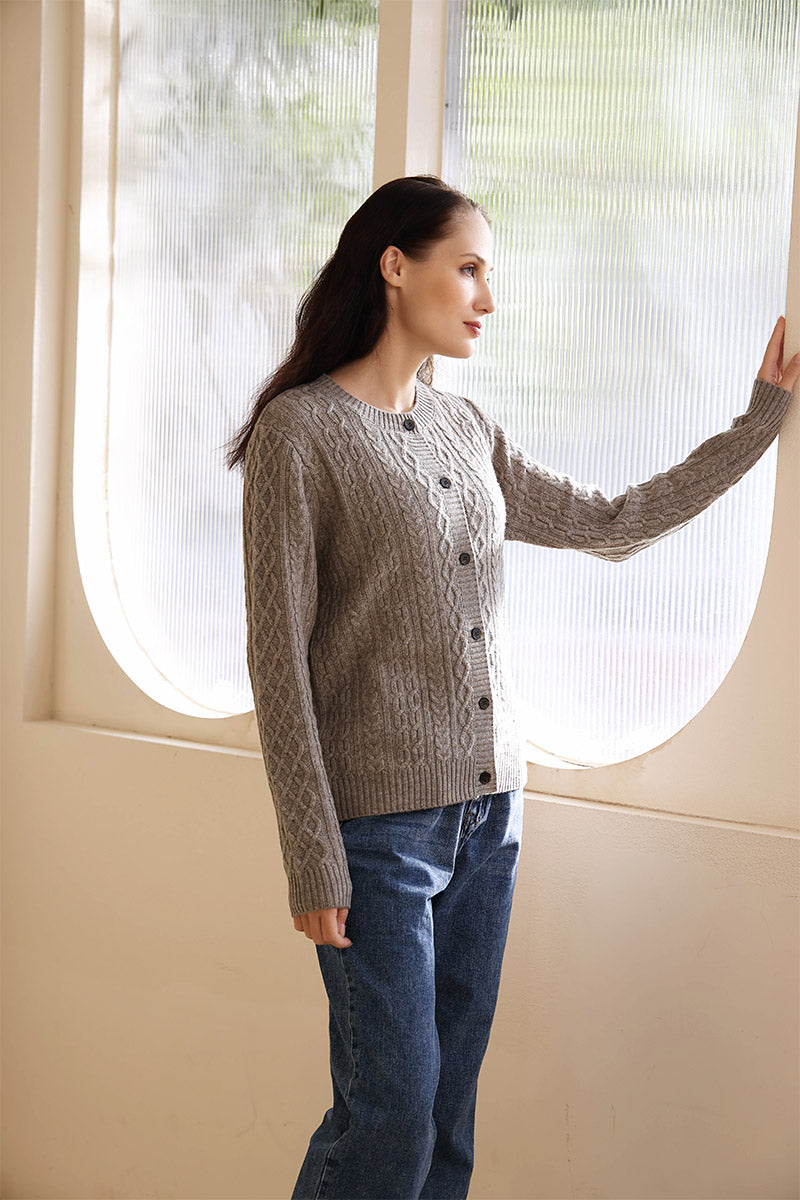 Ladies Luxury Aran Cable Button Cardigan Made with cashmere by Inis Aran Ireland's Luxury Knitwear Brand#color_rice-flower