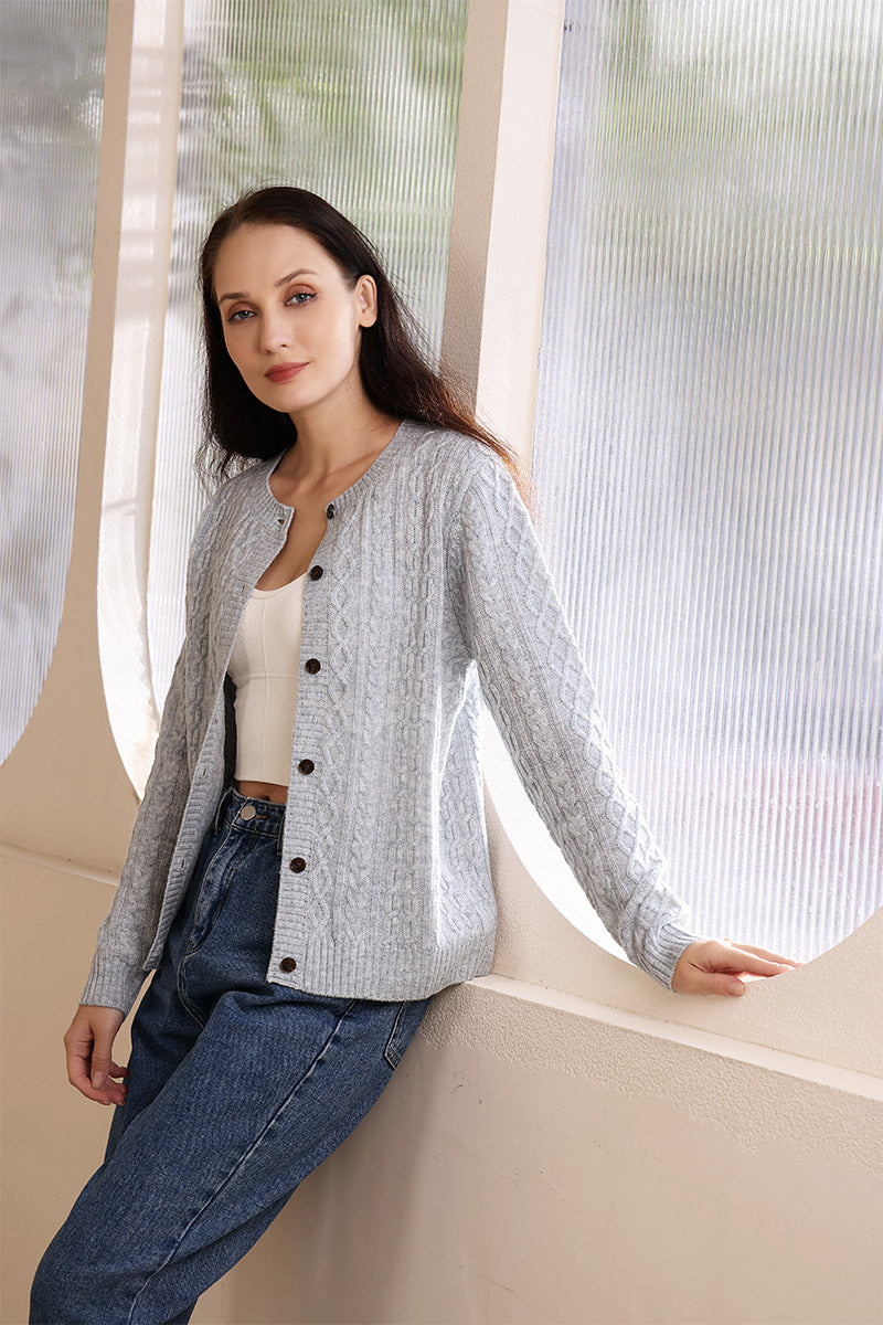 Ladies Luxury Aran Cable Button Cardigan Made with cashmere by Inis Aran Ireland's Luxury Knitwear Brand#color_mineral-grey