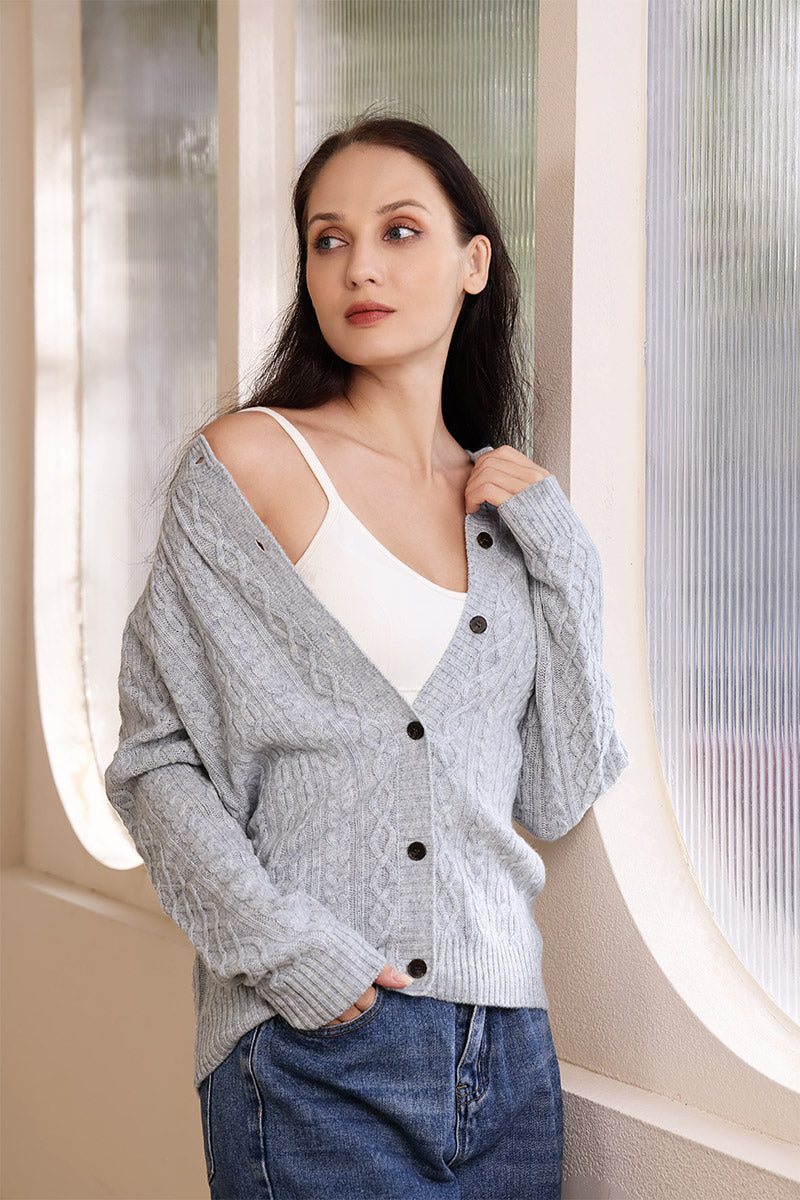 Ladies Luxury Aran Cable Button Cardigan Made with cashmere by Inis Aran Ireland's Luxury Knitwear Brand#color_mineral-grey