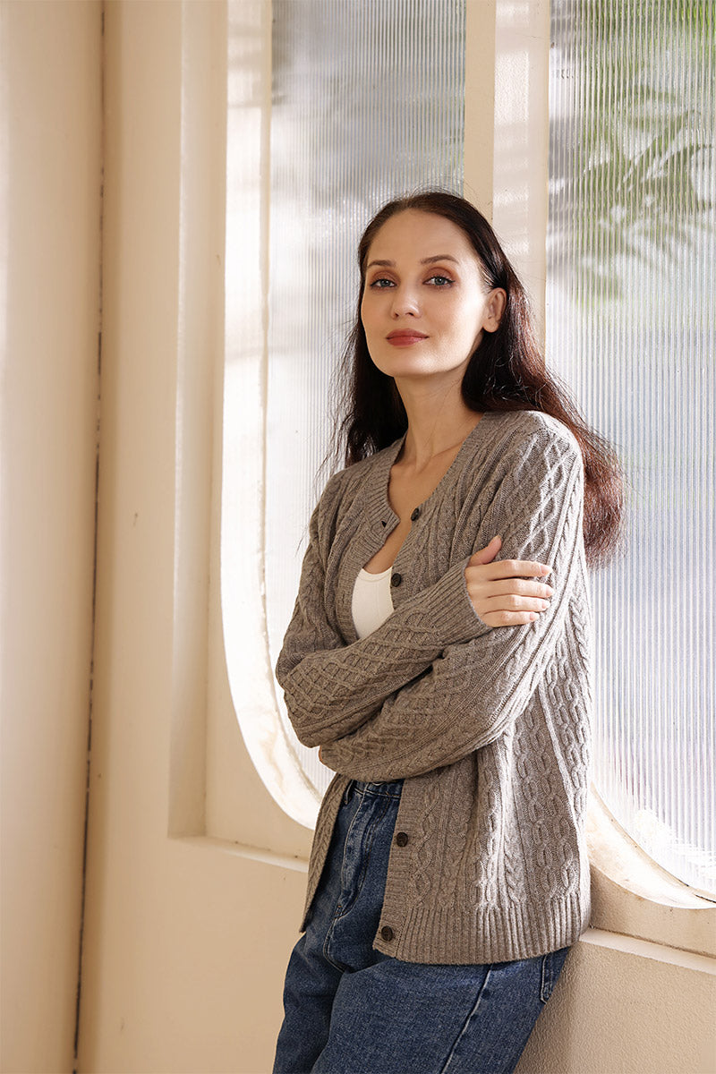 Ladies Luxury Aran Cable Button Cardigan Made with cashmere by Inis Aran Ireland's Luxury Knitwear Brand#color_rice-flower