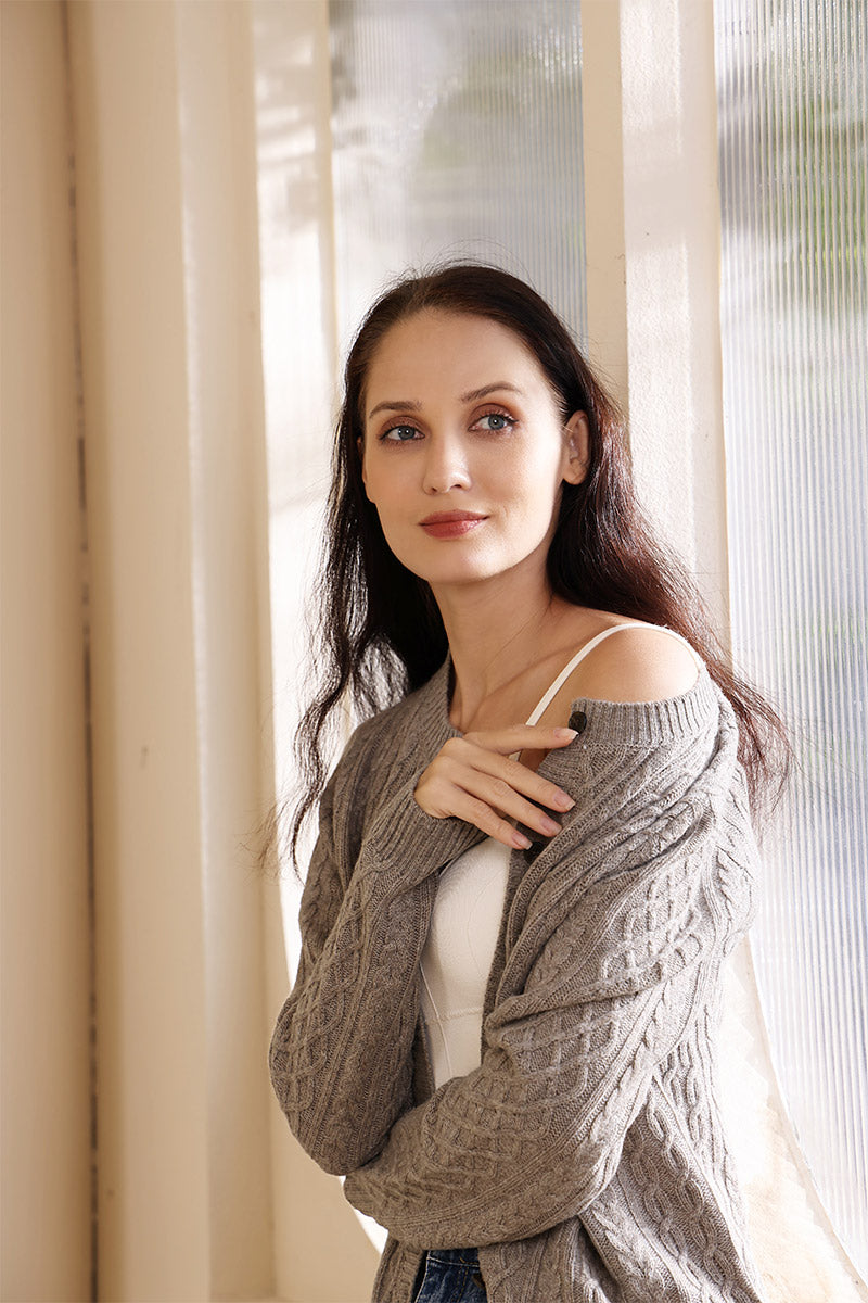 Ladies Luxury Aran Cable Button Cardigan Made with cashmere by Inis Aran Ireland's Luxury Knitwear Brand#color_rice-flower