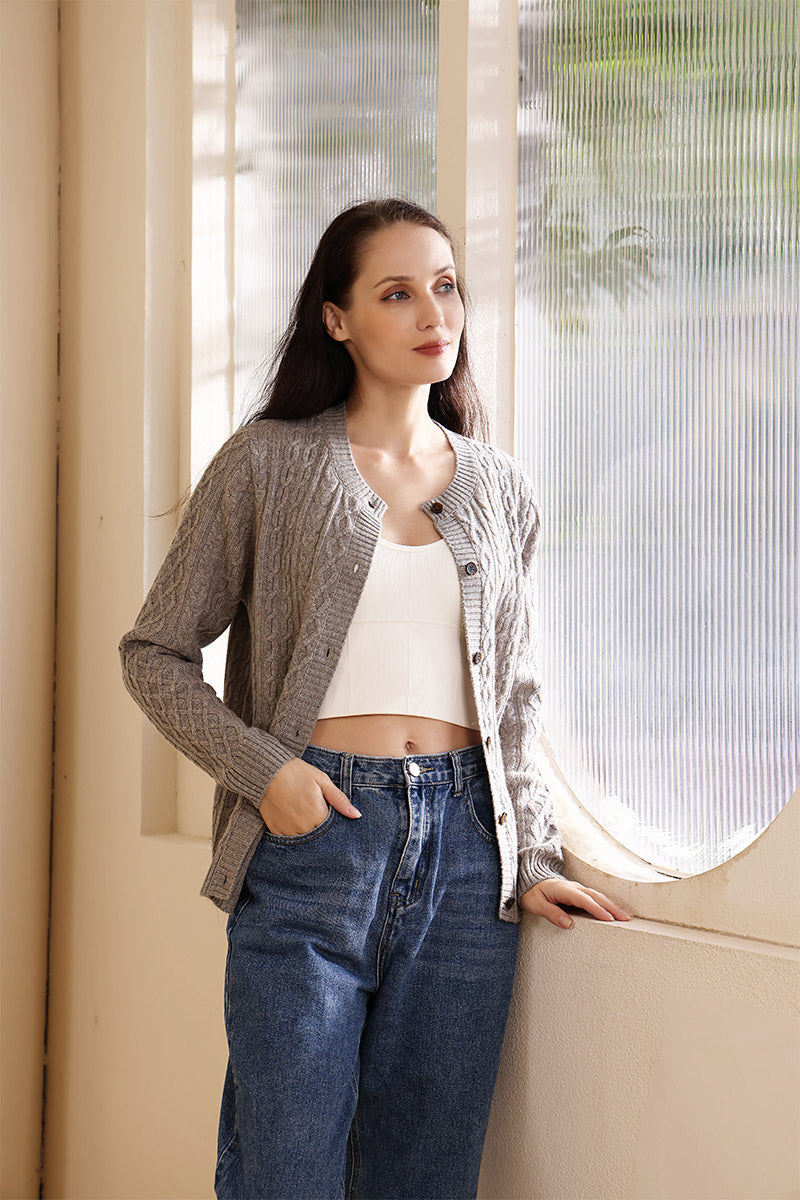 Ladies Luxury Aran Cable Button Cardigan Made with cashmere by Inis Aran Ireland's Luxury Knitwear Brand#color_rice-flower