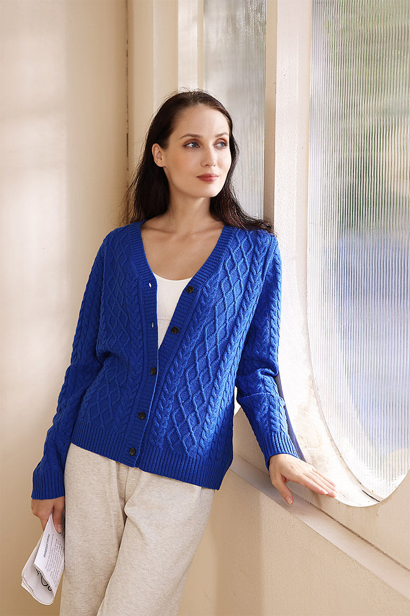 Ladies Luxury Aran Cable Knit V Neck Button Cardigan Made with cashmere by Inis Aran Ireland#color_cyanine-blue