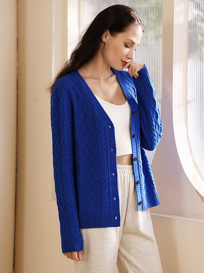 Superfine wool & cashmere aran knit button cardigan#color_cyanine-blue