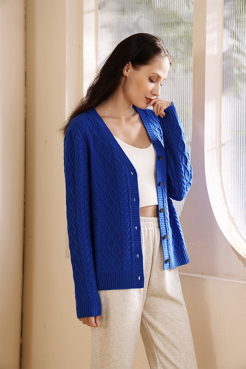 Ladies Luxury Aran Cable Knit V Neck Button Cardigan Made with cashmere by Inis Aran Ireland#color_cyanine-blue