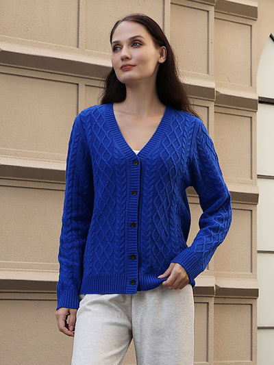 Superfine wool & cashmere aran knit button cardigan#color_cyanine-blue