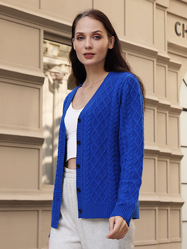 Superfine wool & cashmere aran knit button cardigan#color_cyanine-blue